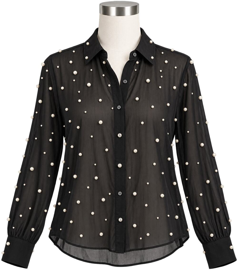 Bailey 44 Black Sheer Faux Pearl Embellished Button Blouse - Size L